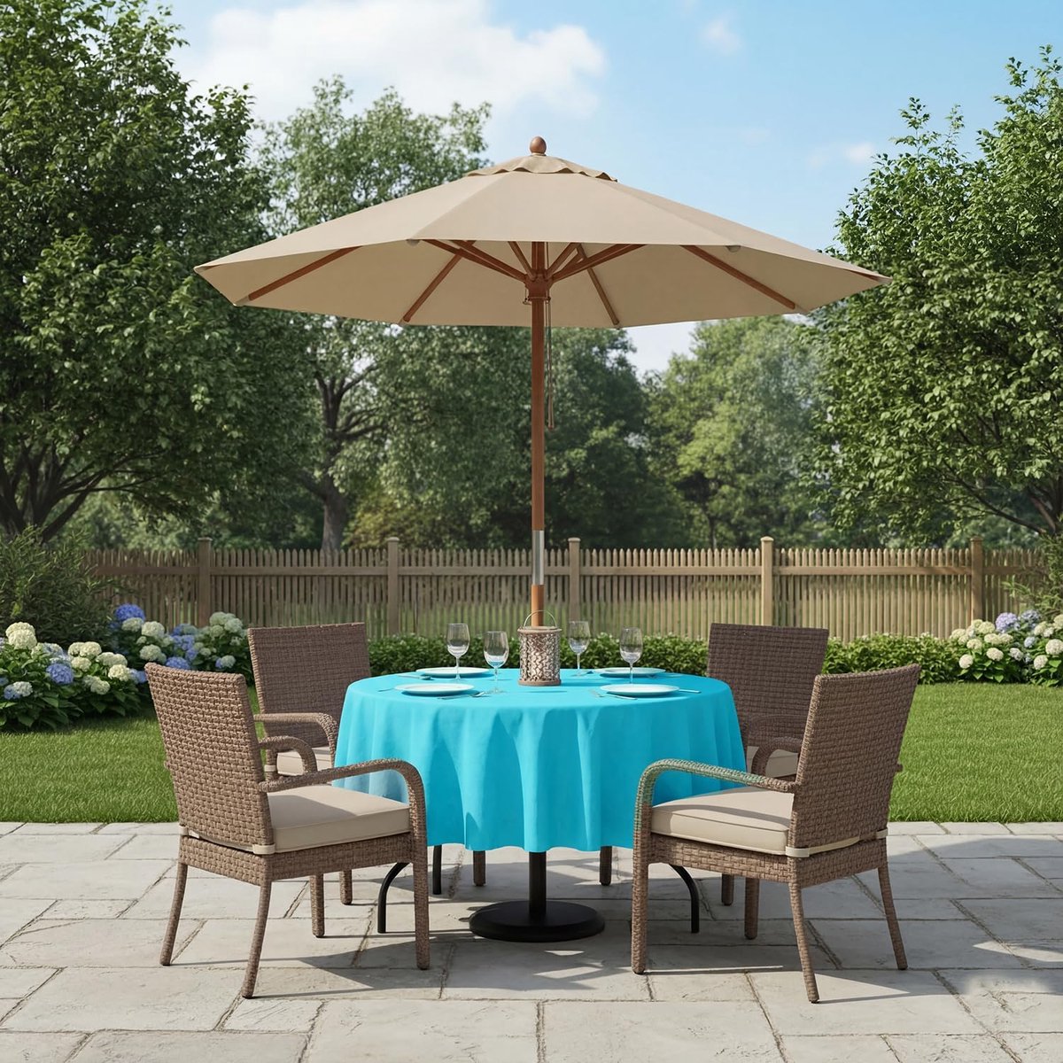 Tafelkleed Rond - Waterproof Kleed - Buiten Dineren - Met Rits en Gat - 178 cm - Aqua
