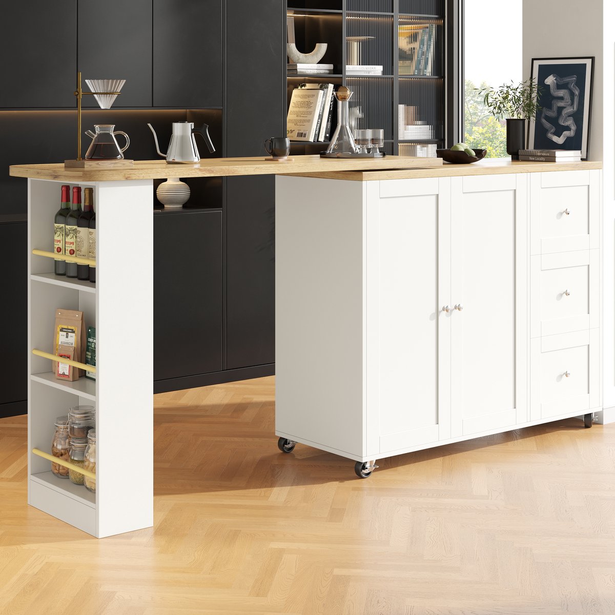 MODENUIT Bartafelkast - 360 Graden Draaibaar Met Wielen En Opbergruimte - Voor Keuken En Woonkamer - MDF - Wit
