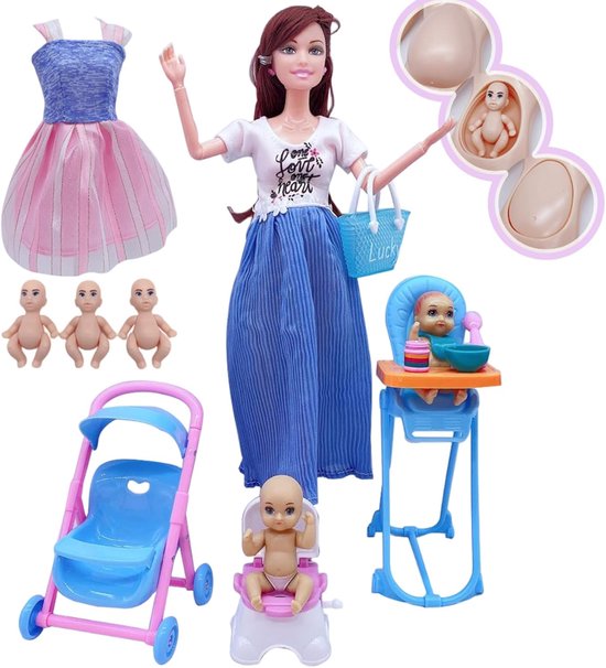 Zwangere pop - Moeder pop - Rollenspel voor kinderen - Baby in de buik - 30 cm - Blauw — afbeelding 4