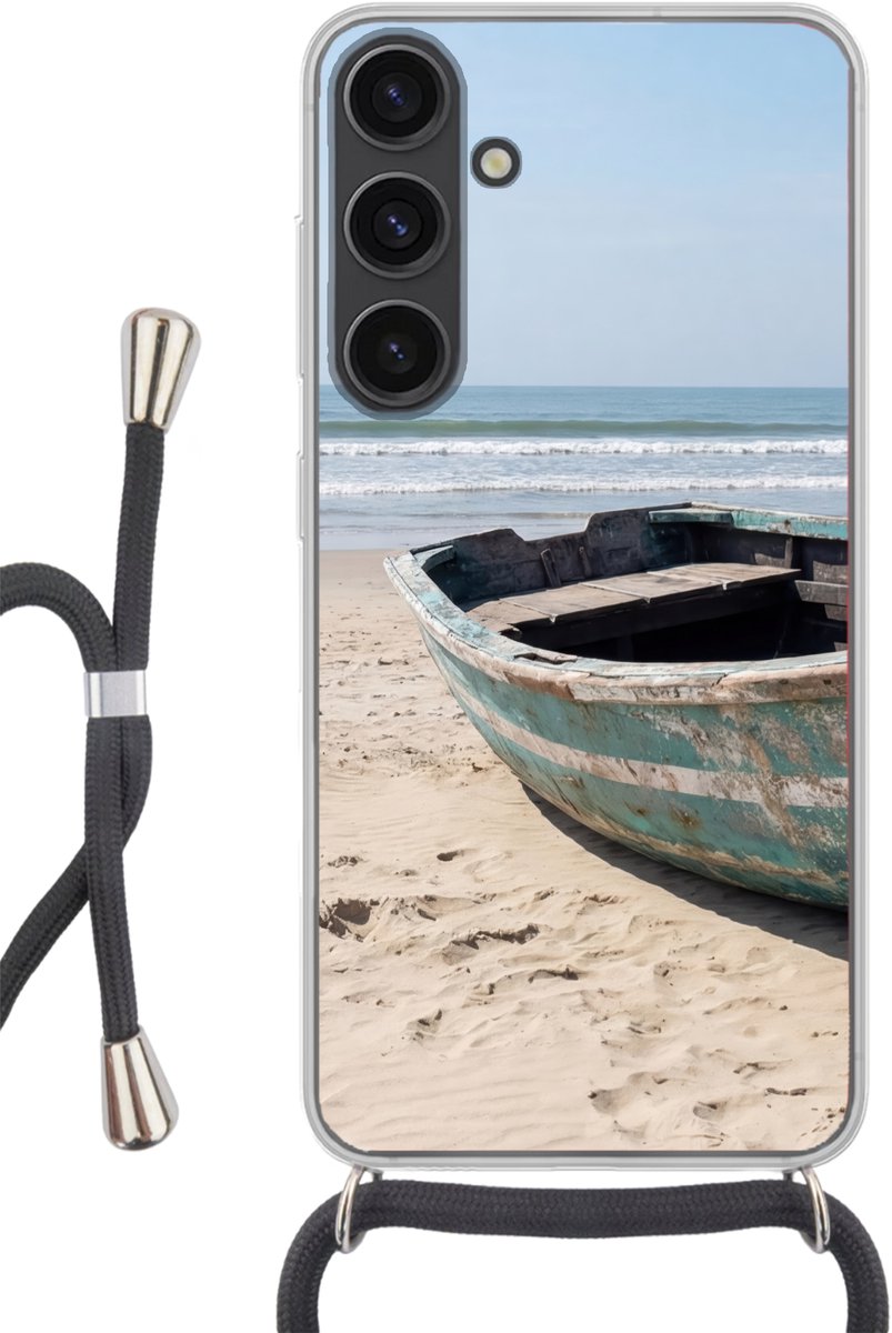 Telefoonhoesje Geschikt voor Samsung Galaxy S24 Plus - Boot - Zandstrand - Zee - Siliconen - Crossbody - Backcover met Koord - Telefoonhoesje met koord - Hoesje met touw Telefoonhoesje