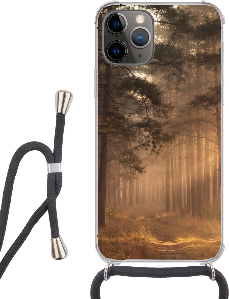 Telefoonhoesje Geschikt voor iPhone 13 Pro Max - Bos - Mist - Zonlicht - Siliconen - Crossbody - Backcover met Koord - Telefoonhoesje met koord - Hoesje met touw Telefoonhoesje