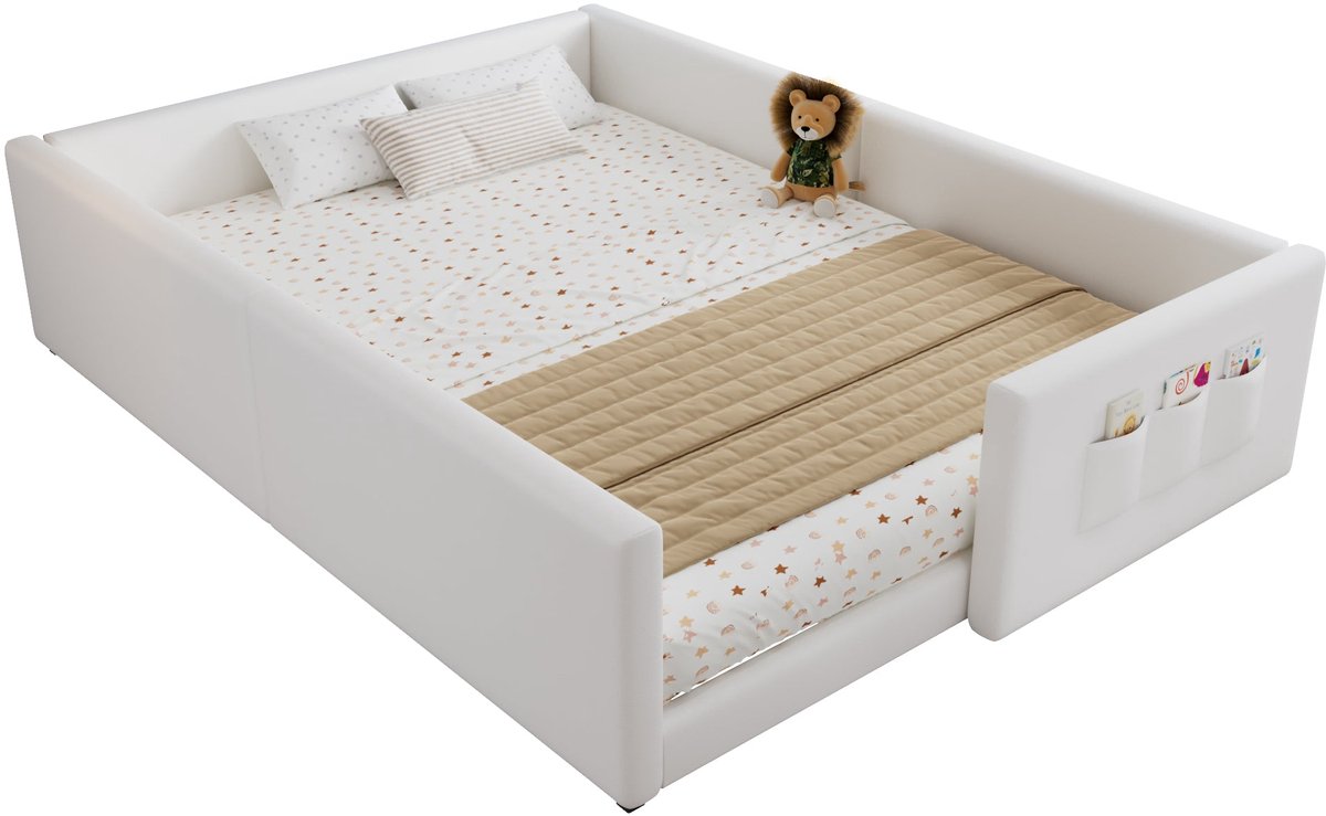 Merax Kinderbed 140x200 Cm - Kunstleer Gestoffeerd Bed - Bed Met Veilig Omrand Ontwerp - Kinderbed Met 3 Opbergvakken - Wit