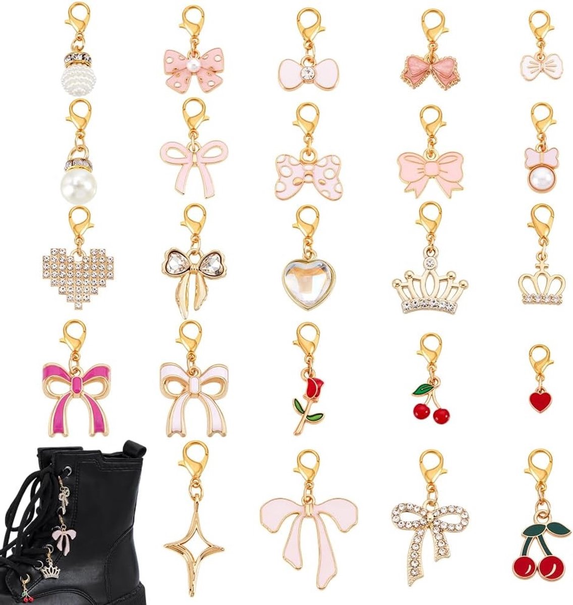 24 Stijlen Schoen Charms met Strik, Hart, Kers, Parel en Bloem - Decoratieve Hangers voor Schoenen, Tassen, Portemonnees en Sleutelhangers voor DIY Projecten