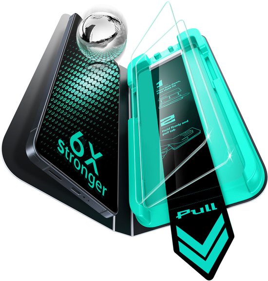 Een telefoon met '6X Stronger' op het scherm, naast een installatieframe met een schermprotector.