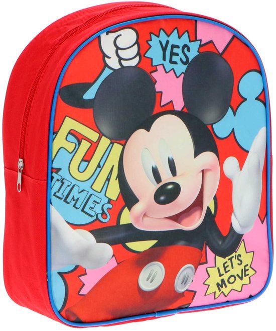 Rode rugzak met Mickey Mouse, de tekst 'FUN TIMES' en 'LET'S MOVE'.