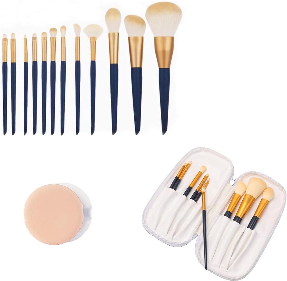 Professionele 12-delige make-upkwasten set voor foundation, blush en wenkbrauwen met opbergtas