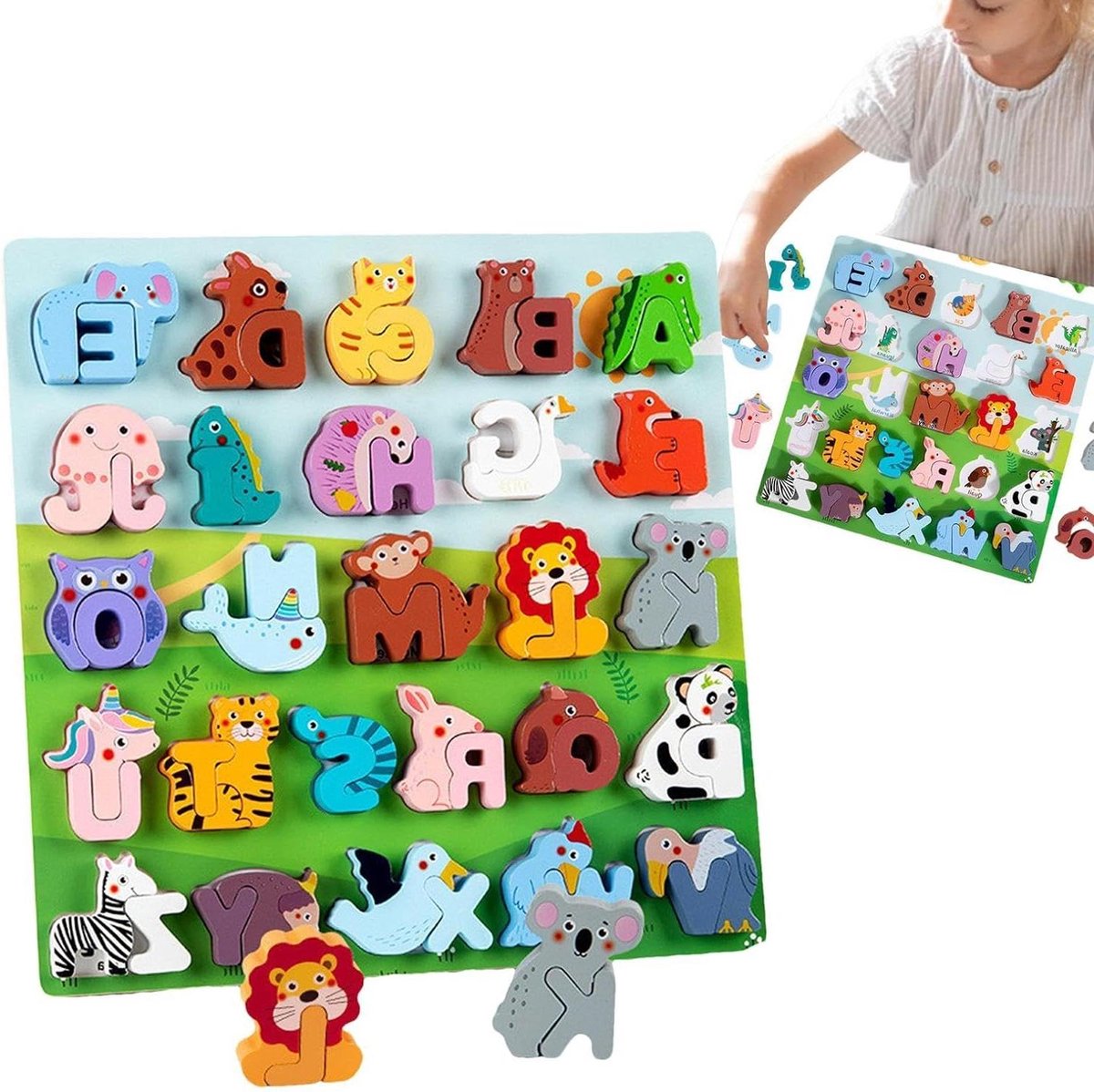 Houten Alfabet Puzzel - Dieren Puzzel - Leren Lezen - Combineren van Letters - 3-6 Jaar - Houtkleur