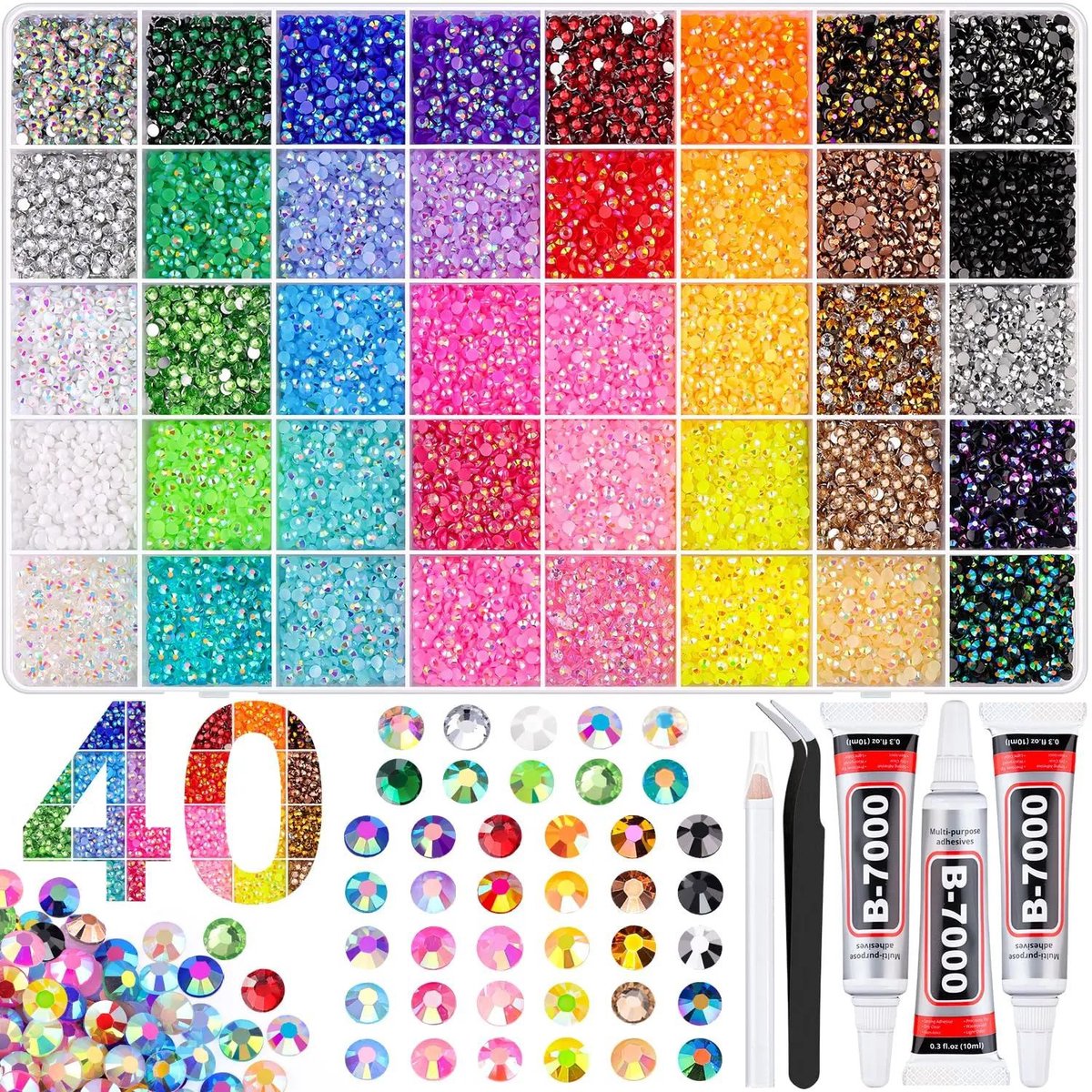 OLOEY 40 Kleuren 32000-delige Jelly-strass-set-3 mm veelkleurige platte strass-steentjes voor knutselwerk-decoratieset voor kleding-boeken-schoenen-nagels-kunst en make-up