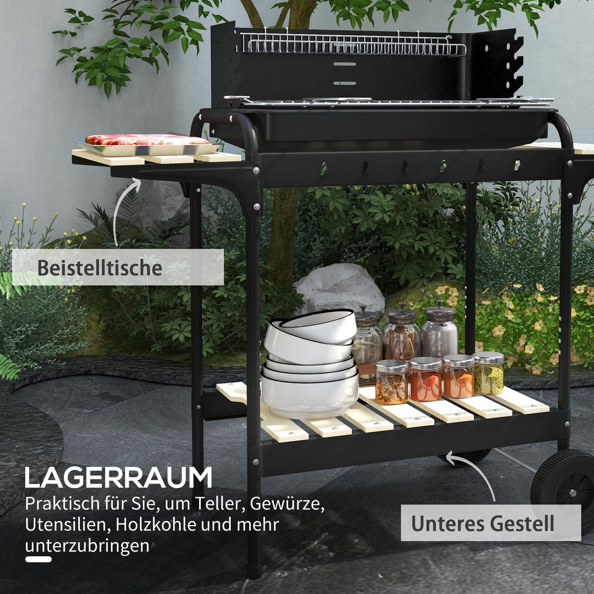 Houtskoolbarbecue van metaal BBQ-smoker met wielen, in hoogte verstelbaar grillrooster, houtrek 103x47x95 cm Zwart – foto 7