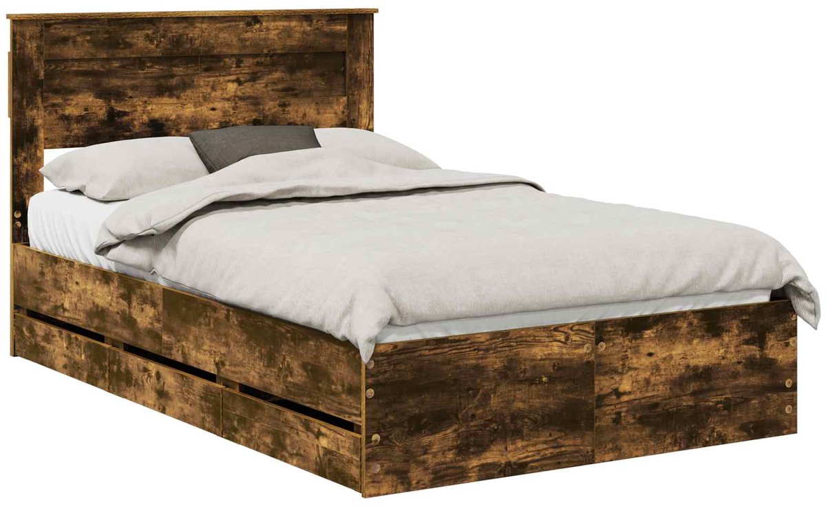 vidaXL Bedframe - met - lade - Rook - Eiken - 120 - x - 190 - cm - Ingenieurshout Gerookt eiken