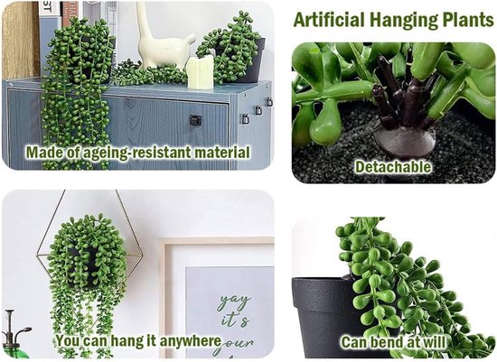 Collage: Plante suspendue artificielle, base de plante, plante dans un cadre hexagonal et plante pliable.