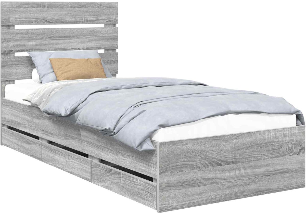 vidaXL Bedframe - met - lade - Grijs - Sonoma - 90 - x - 190 - cm - Ingenieurshout Grijs sonoma