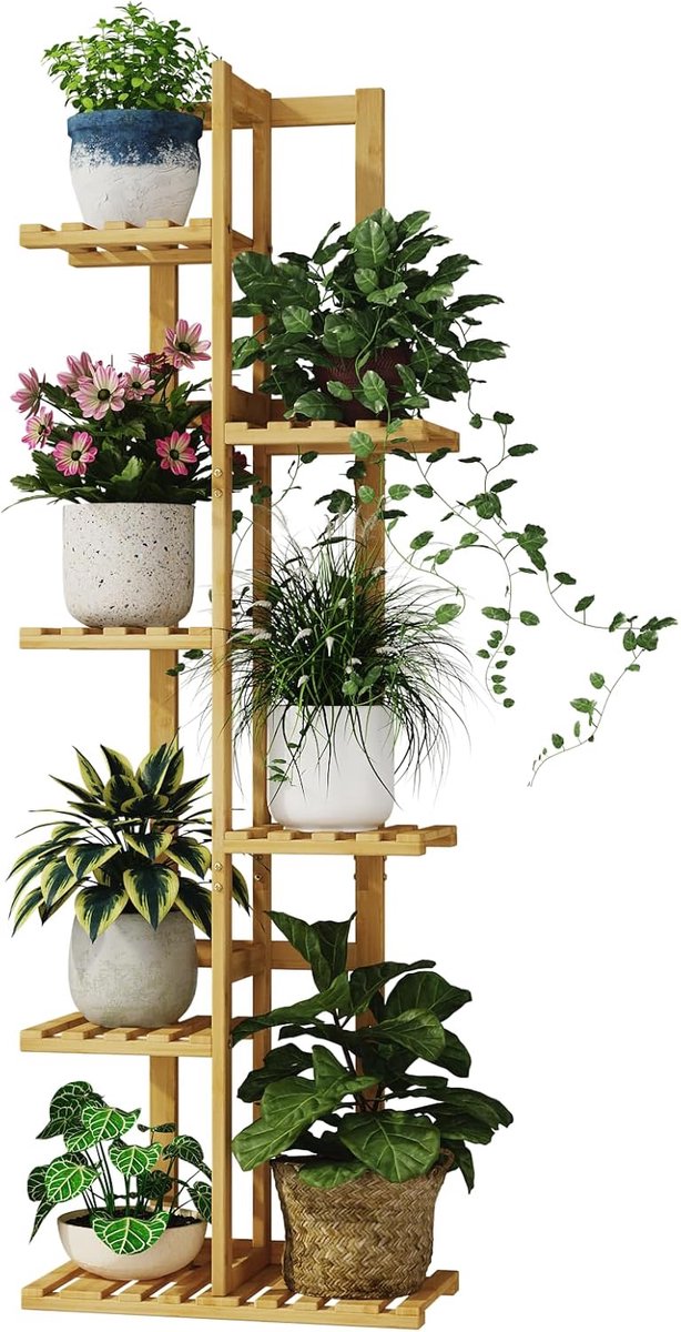 Famanu – Bamboe plantenstandaard, 6 etages, klein metalen bloemenrek voor terras, tuin, balkon en woonkamer