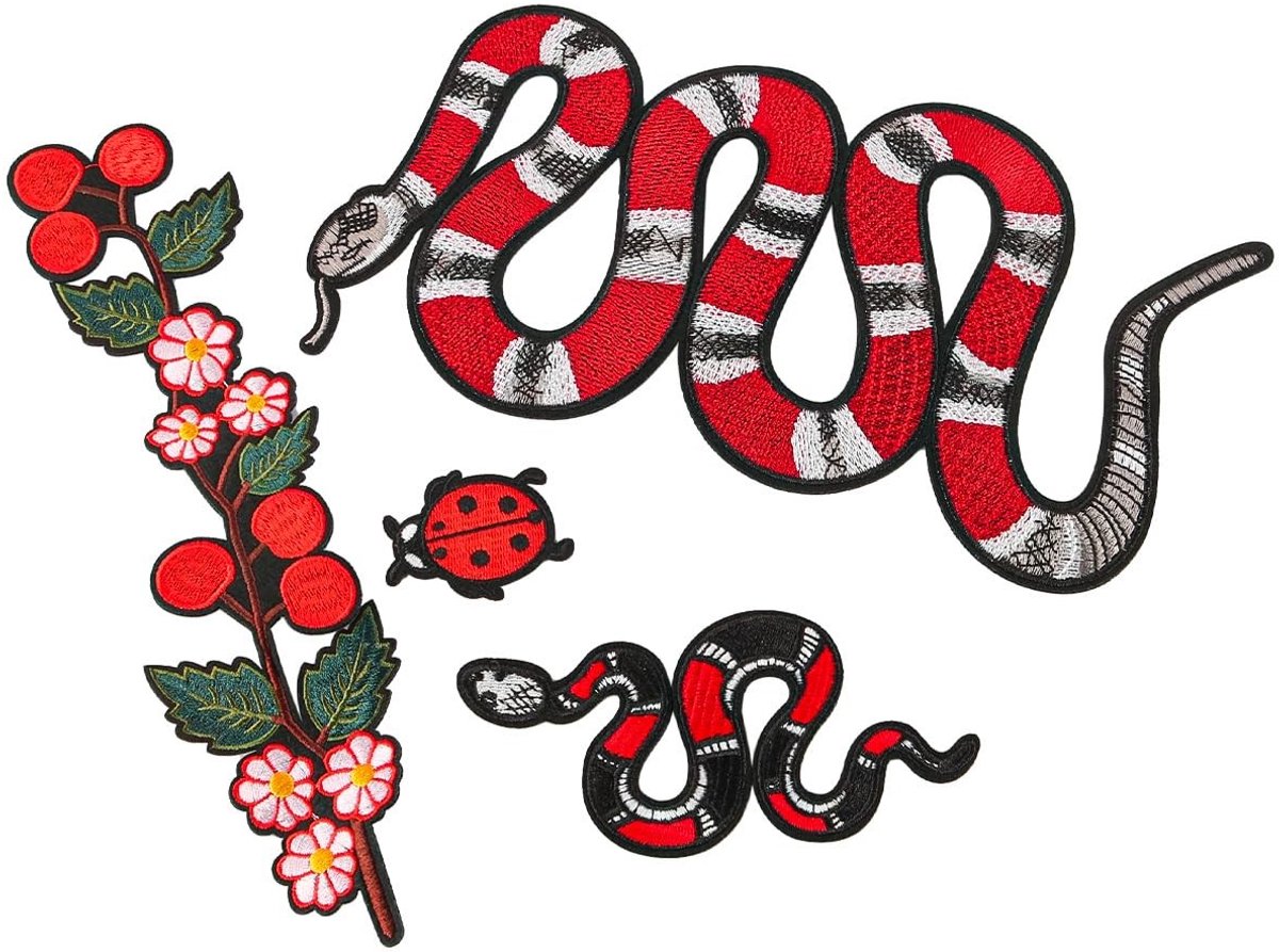 aladdien - Strijkpatches Snake en Lieveheersbeestje - DIY Borduurapplicaties voor Kleding - Set van 4 Stuks - Creatieve Borduurideeën - Geschikt voo...