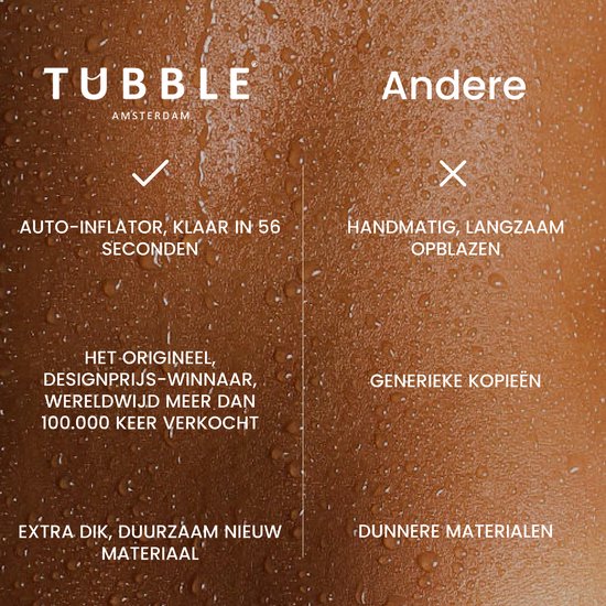 Vergelijking tussen Tubble Amsterdam en generieke kopieën, met focus op auto-inflatie en duurzaamheid.