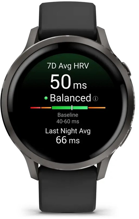 Grijze Garmin Venu smartwatch met een zwarte band. Het scherm toont '7D Avg HRV 50 ms', 'Balanced' en 'Last Night Avg 66 ms'.