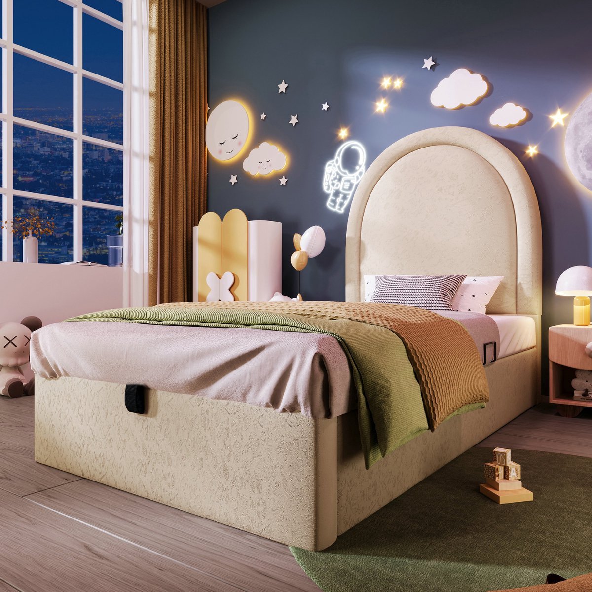 VVBV Kinderbed 90x200 – met Opbergruimte, Lattenbodem, Glijbaan – Voor Meisjes – Voor Jongens – Beige – Zonder Matras – Voor Jongens en Meisjes