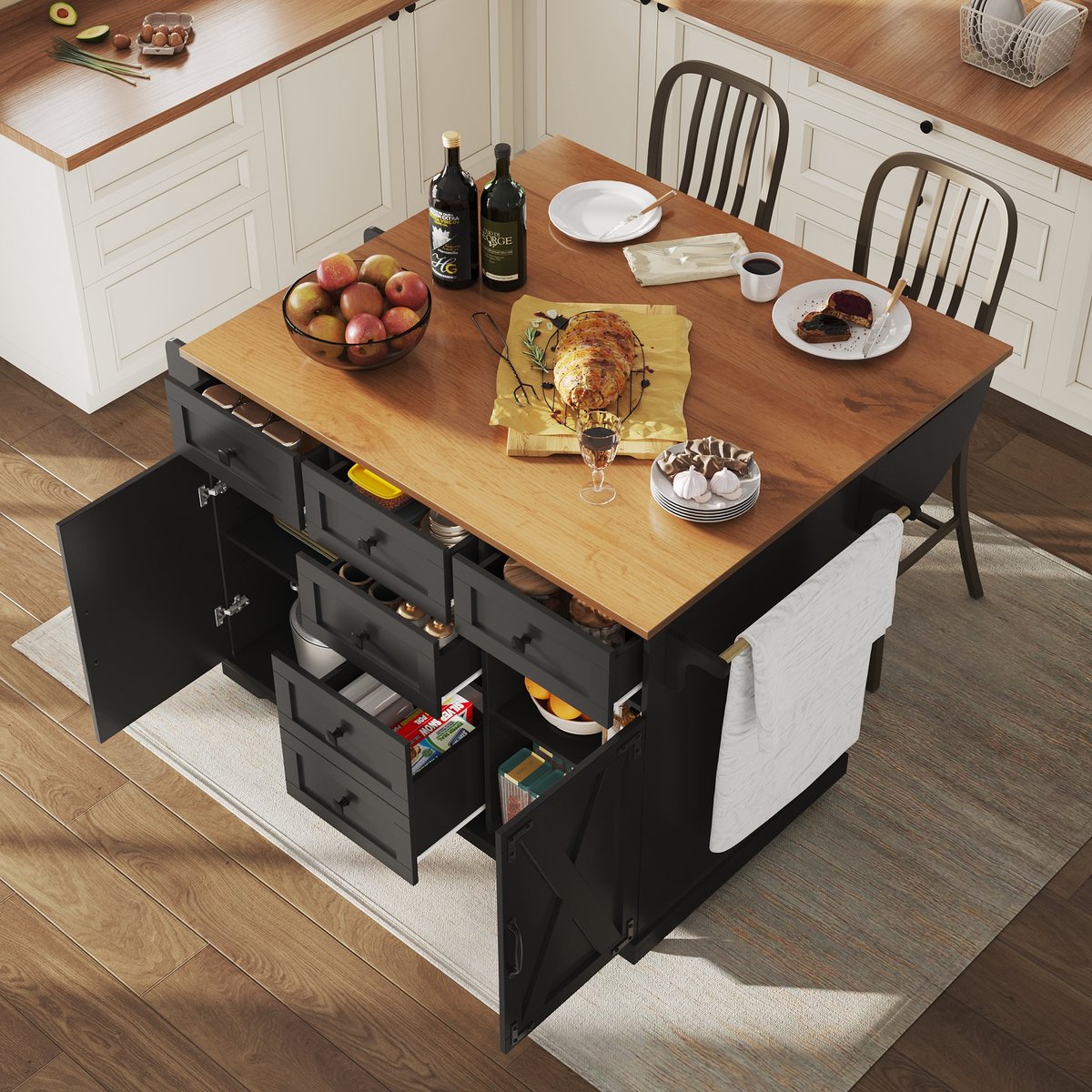 keukentrolley - Multifunctioneel - Servierwagen Met Groot Stauraum - Mobiel Buffetschrank - Houtlook - Zwart