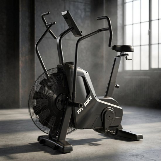 Zwarte FitBike 'The Beast' airbike met groot ventilatorwiel en display.