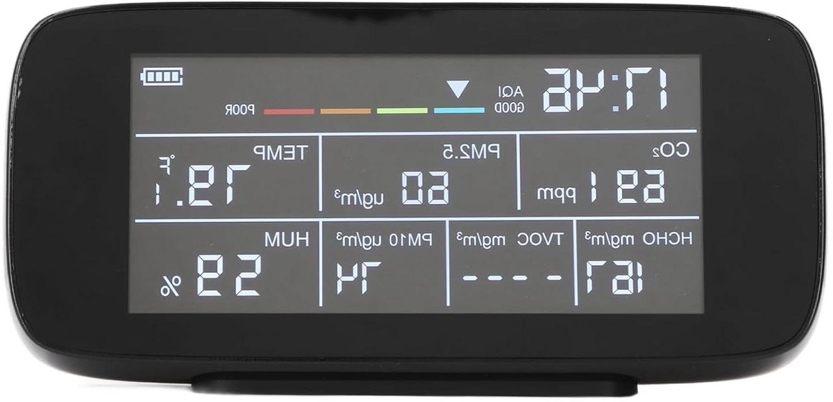 Luchtkwaliteitsmonitor - Binnenluchttester - Gezonde Omgeving - Multifunctionele Metingen - 3000mAh Batterij - Zwart