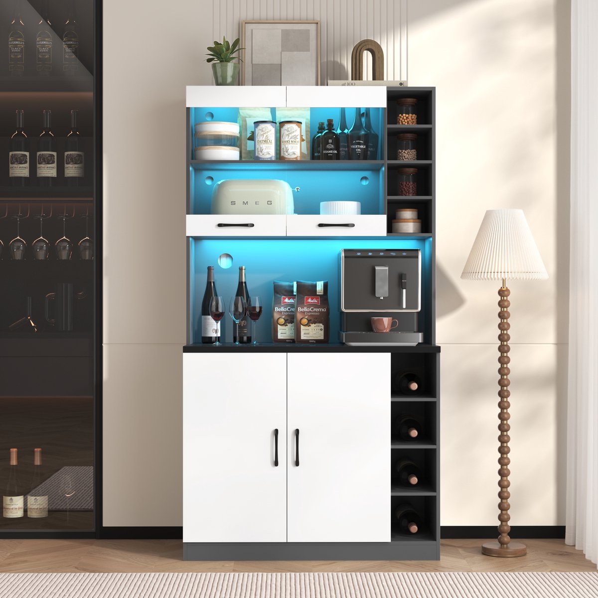 keukenkast, buffetkast met LED-sfeerverlichting en kabeldoorvoer, grote ruimte voor magnetron, 100x47x187cm, vrijstaand, in hoogte verstelbare zijplanken - Zwart