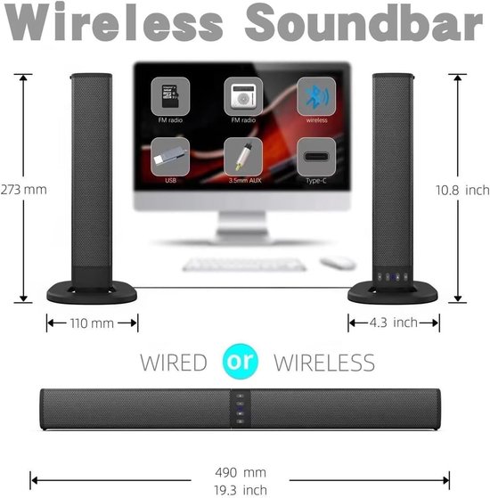 Draadloze Soundbar - Bluetooth Luidspreker - Home Cinema - Krachtig 3D Geluid - 25-49 Watt - One Color — afbeelding 4