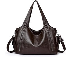Handtas - Schoudertas Dames - Dames Handtas Vintage - Shopper Tas Groot - Schoudertas PU Leer - Tote Bag met Rits - Punk Stijl - School & Werk Tas - Koffiebruin