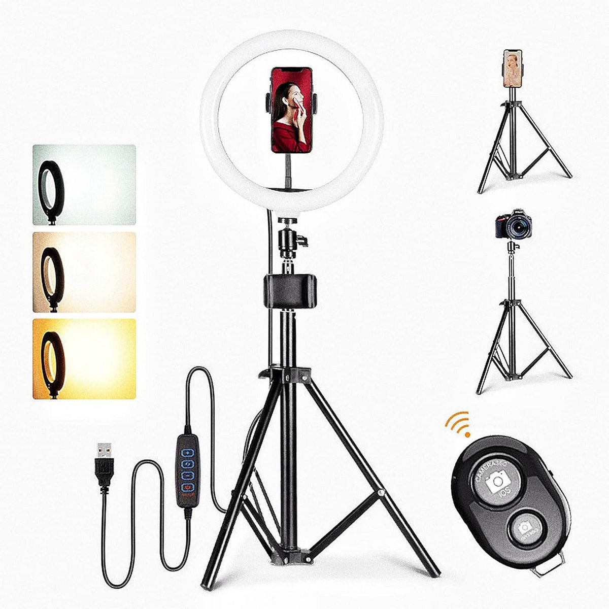 Ringlamp met Statief - Verstelbaar Licht - Content Maken - 10 Helderheidsniveaus - 160 cm Hoog - Zwart