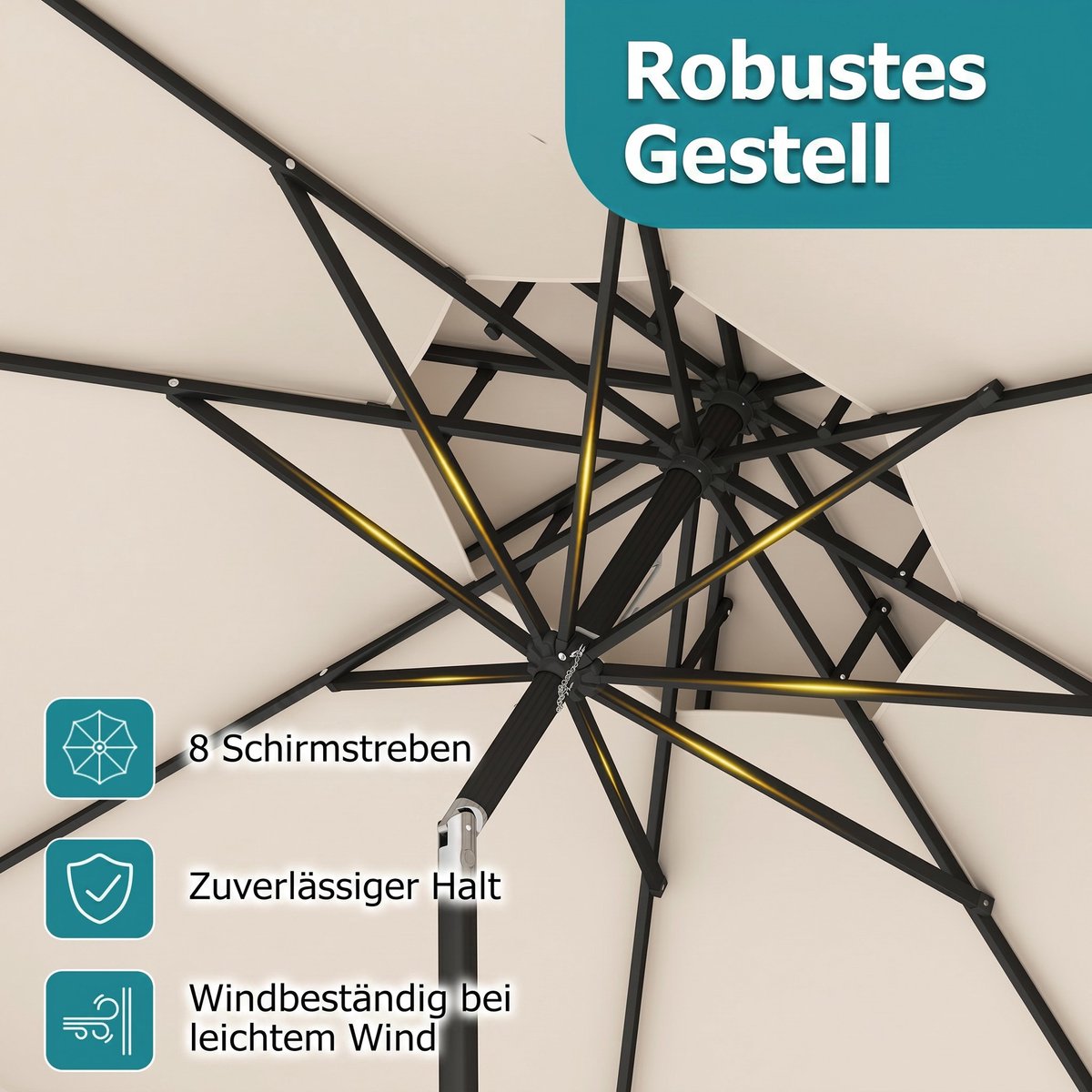 COSTWAY 300 cm parasol met dubbel doek, tuinparasol met draaihendel en volant, 30° kantelbaar aan beide zijden, terrasparasol, marktparasol voor tuin, balkon, terras (beige) – foto 2