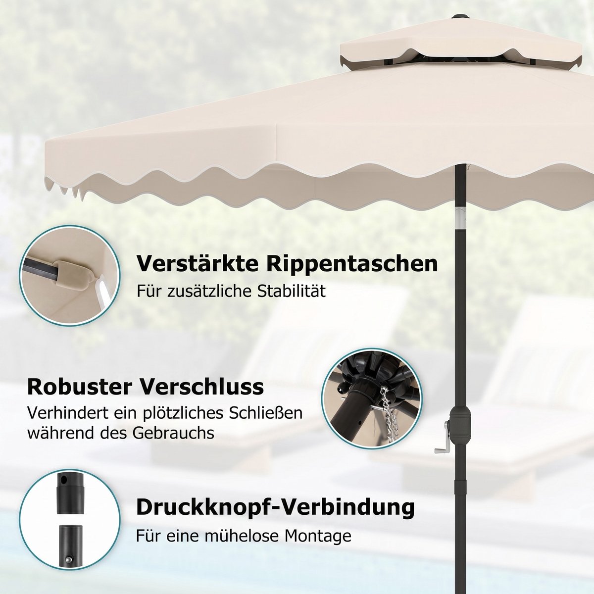 COSTWAY 300 cm parasol met dubbel doek, tuinparasol met draaihendel en volant, 30° kantelbaar aan beide zijden, terrasparasol, marktparasol voor tuin, balkon, terras (beige) – foto 3