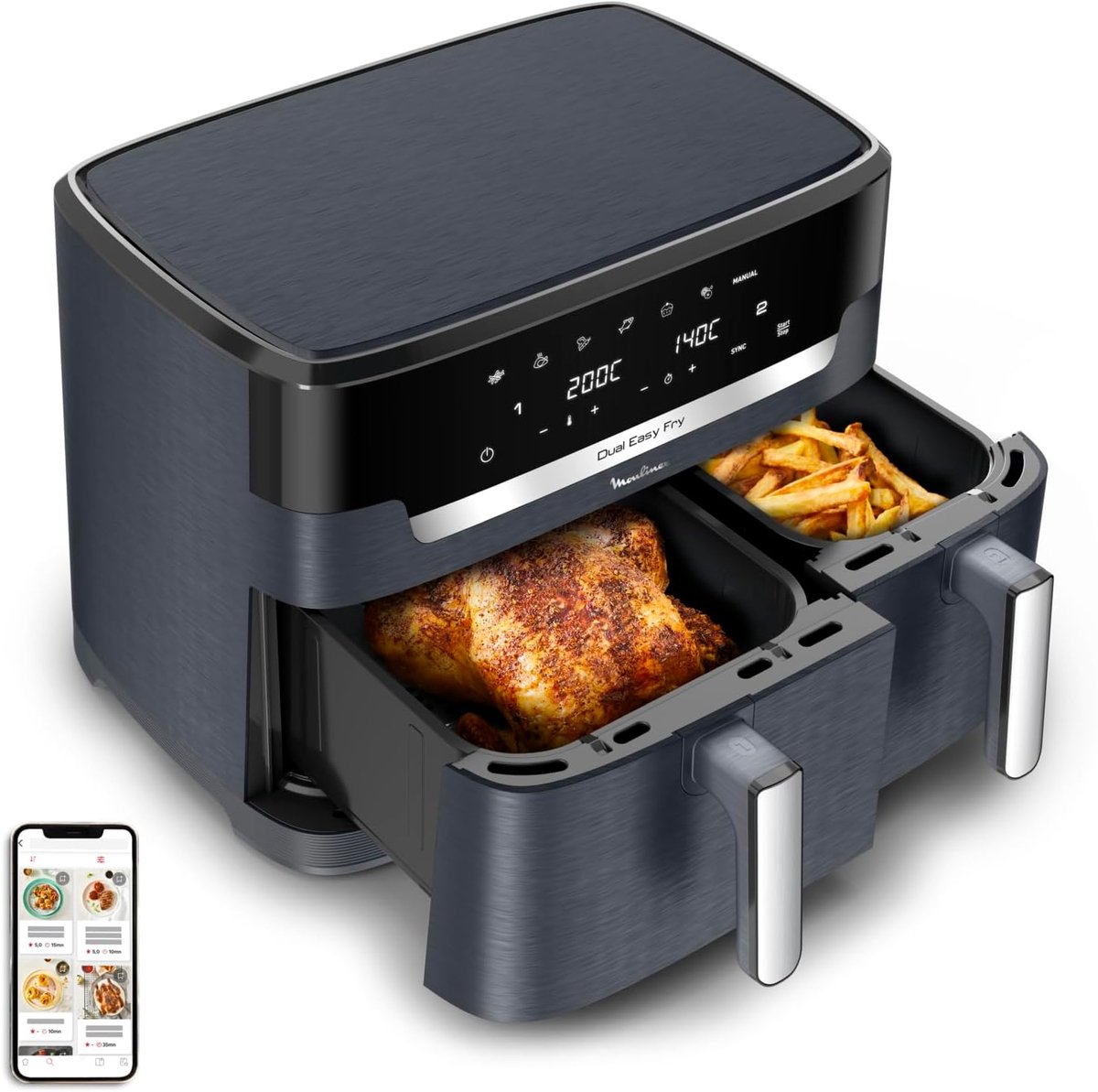 Dubbele Airfryer - Heteluchtoven - Gezond Koken - Synchroon Koken - 11 Liter - Zwart