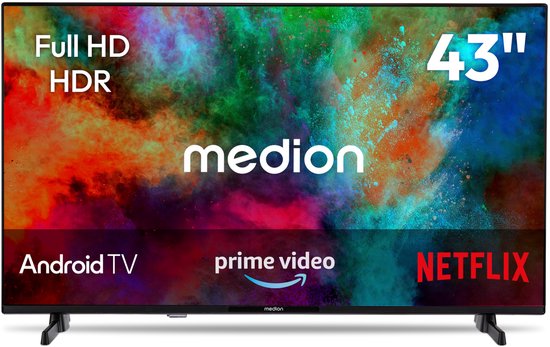 MEDION 108 cm 43″ Full HD TV Android TV Smart TV HDR Prime Video PVR Bluetooth, MD843100