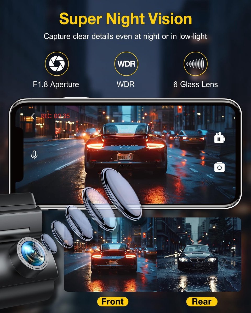 Dashcam 4K voor en achter met wifi app - auto camera met nachtzicht en 64GB SD kaart – foto 2