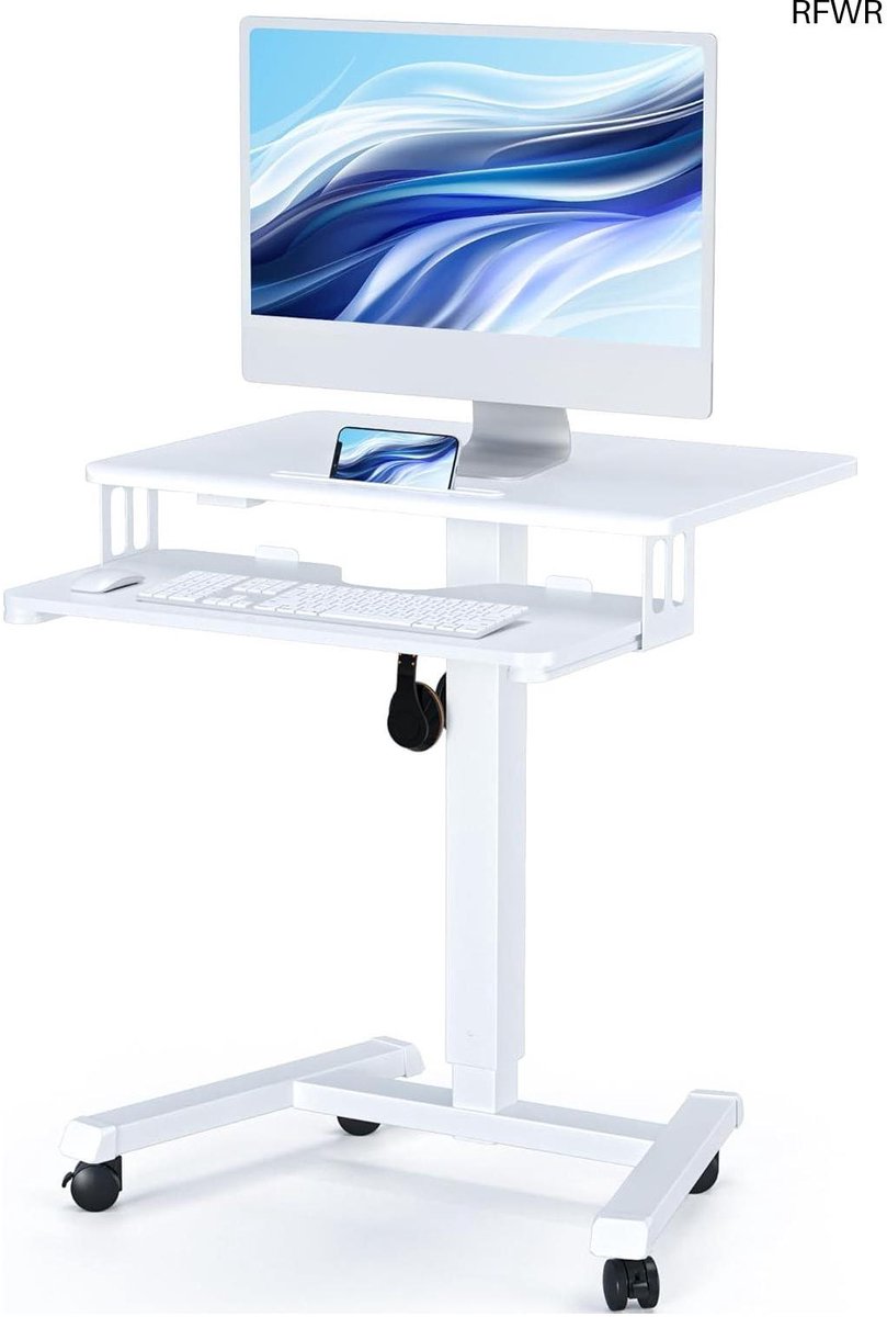 BONTEC Adjustable Mobile Desk with Keyboard Shelf, 65x45cm Standing Workstation on Wheels, Ergonomic Laptop Table for Living Room and Bedroom, White