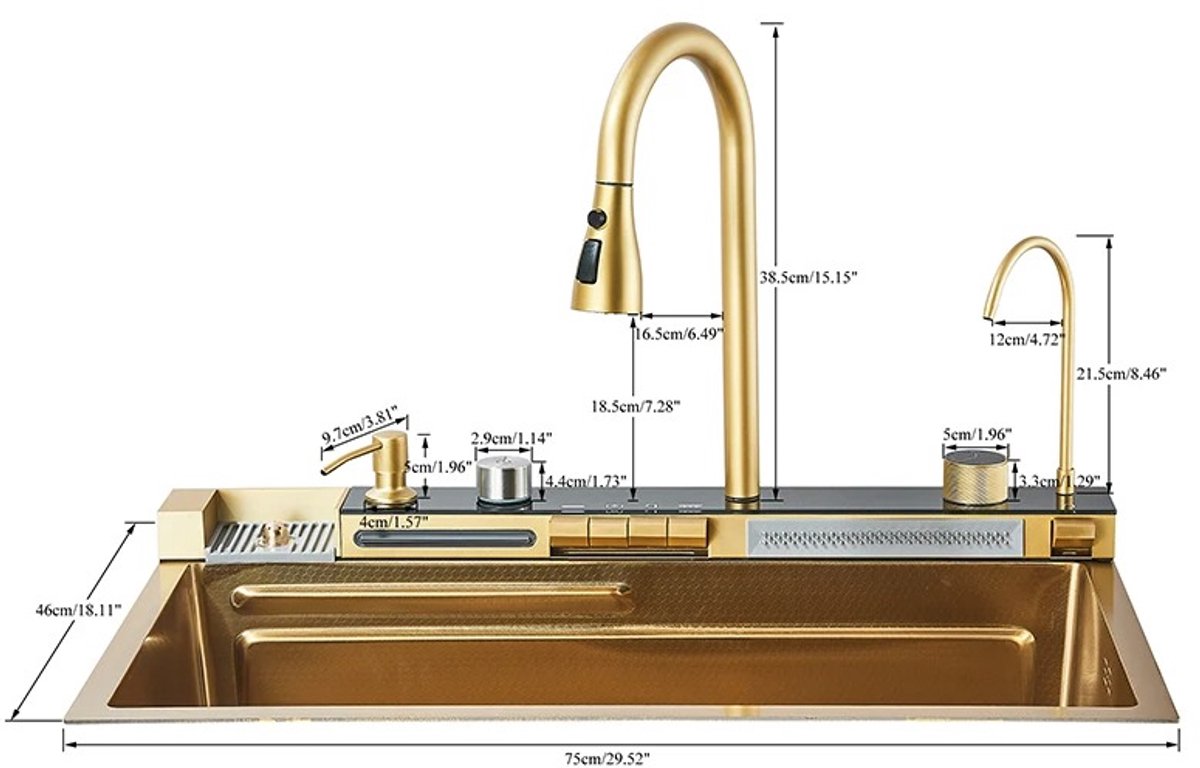 Cellista Gouden Keukengootsteen RVS - Enkele Spoelbak - Waterval Gootsteen met Kraan - Keuken Spoelbak met Digitale Display - Werkstation Gootsteen - 75 x 46 cm