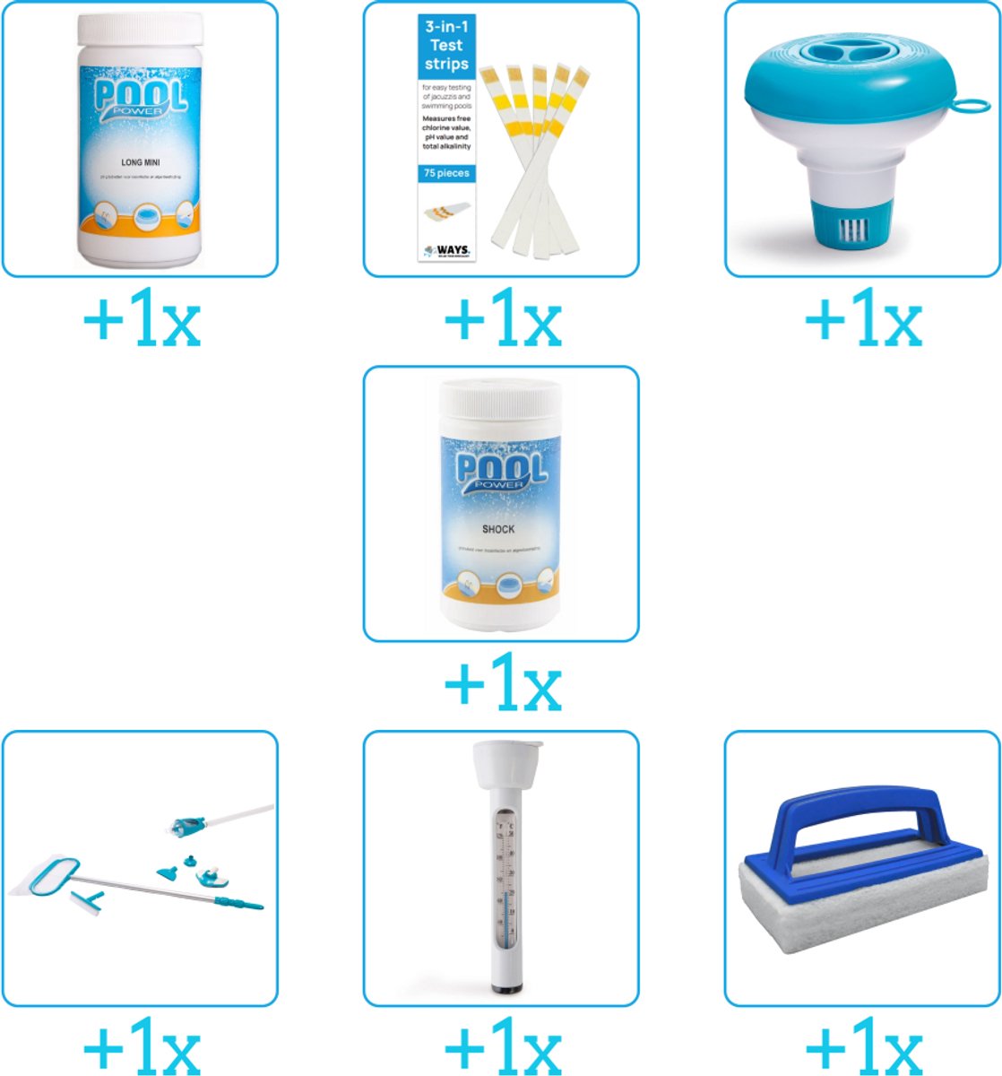 Zwembad Onderhoudspakket - Onderhoud Zwembad - bevat Chloor - Testrips - Chloordrijver - Chloor - Schoonmaakset - Thermometer en Scrubborstel (7-delig)