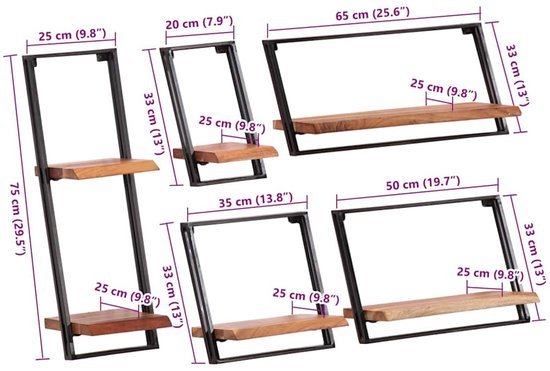 Afmetingen van vijf verschillende wandplanken met houten planken en zwarte metalen frames.