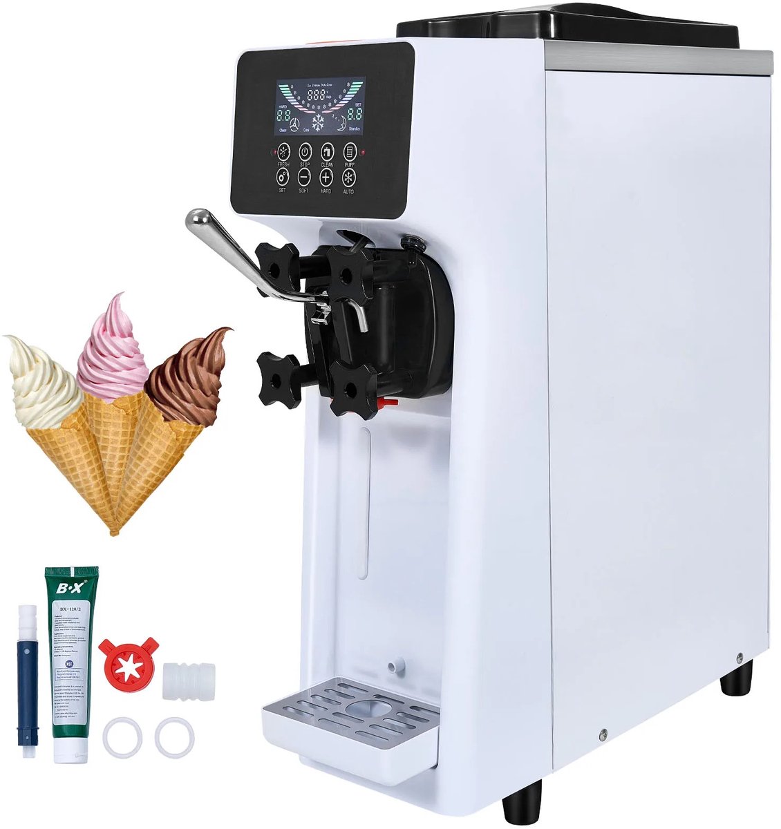 Softijsmachine - Commerciële IJsmaker - Aanrechtmodel - 4 Liter Reservoir - RVS Behuizing - Touchscreen Bediening - Automatische Reiniging - Voor Horeca, IJssalon en Foodtruck - Tot 10 Liter IJs per Uur - Voorverkoeling