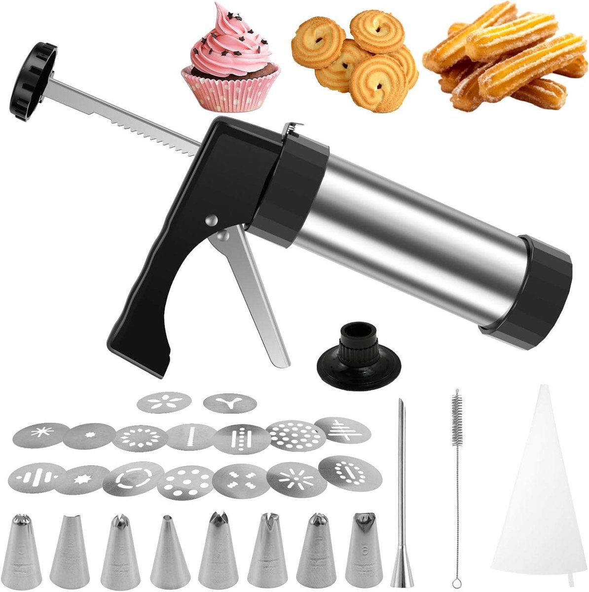 Churro Maker - Koekjespers Gun - Zelf Bakken - 8 Spuitmonden 16 Schijven - 430 g - Zwart