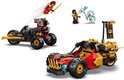 LEGO Ninjago speelset met rode buggy, zwarte motor en drie ninja figuren.