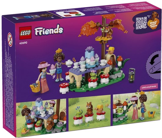 Achterkant van LEGO Friends bosfeest speelgoeddoos met diverse scènes en productinformatie.