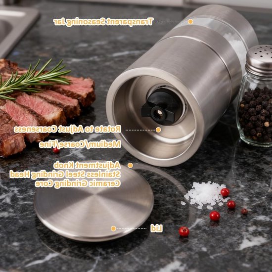 5-in-1 Specerijen Shaker Set voor Kamperen, Koken en Barbecueën - RVS Specerijenpotjes met Pepermolen en Mini Molen voor Reizen, Picknicken en Buiten Koken — afbeelding 3