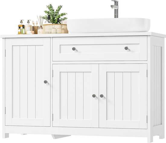 Wastafelmeubel 90 cm Breed, Badkamerkast met 3 Deuren, 1 Lade en Verstelbare Plank, Wit en Ruimtebesparend Design