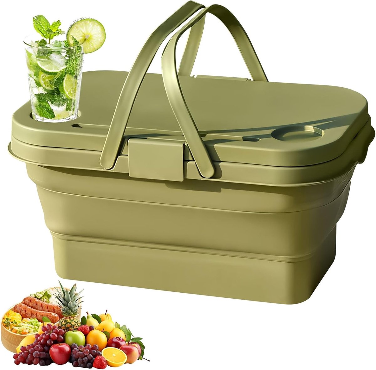 JeiibrZui Faltbare Boodschappenmand - 47x28x23cm - Uniek Design - 1 Stuks Multifunctionele Opbergmand Voor Camping Picknick Wassen - Legergroen