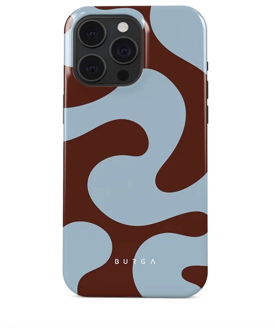 Coque de téléphone avec motif abstrait marron et bleu clair.