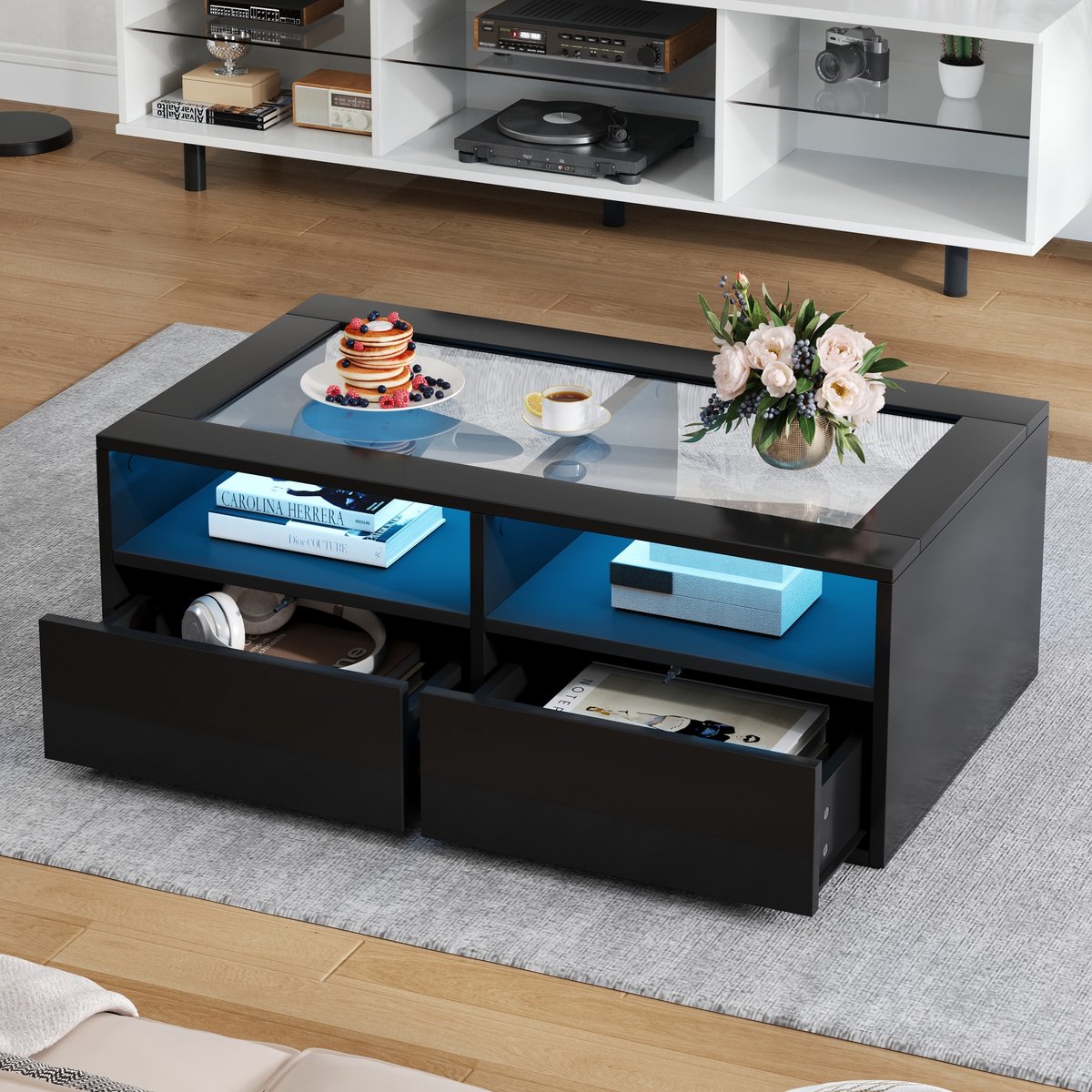 MODENUIT Salontafel - Met Ledverlichting En 2 Laden - Voor Woonkamer - Glas En Spaanplaat - 100x50x35 Cm - Zwart