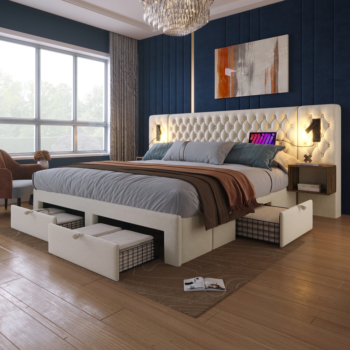 REDOM - Bed Met 2 Nachtkastjes En 4 Laden - Leeslampen En Oplaadpunten - Vintage - Fluweel