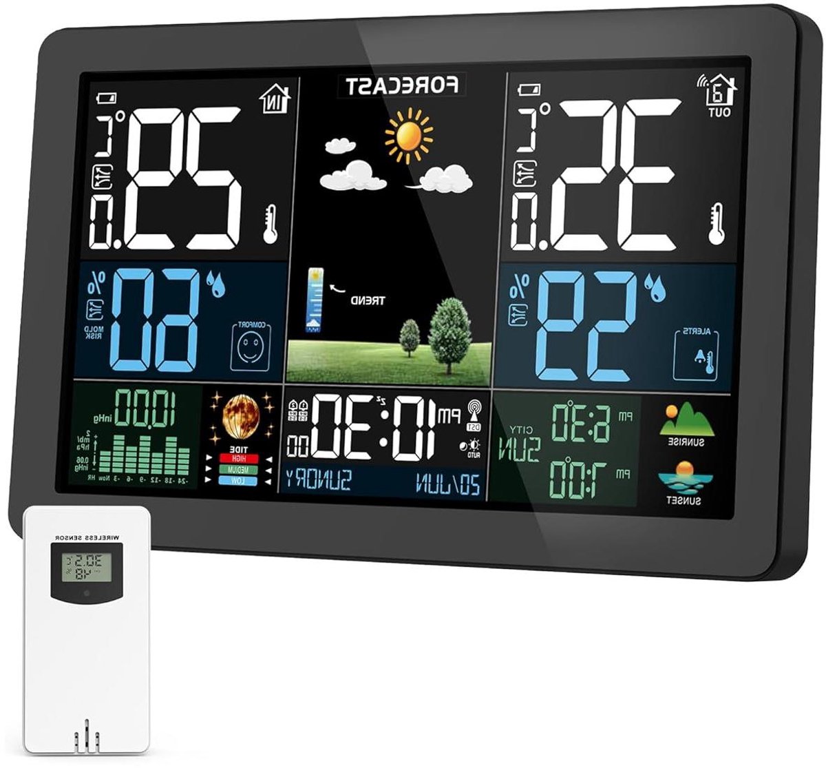Draadloze Weerstation - Buitensensor Kleurendisplay - Weersvoorspelling Binnen - 60 Meter Zendbereik - 3 Temperatuur Kanalen - Zwart