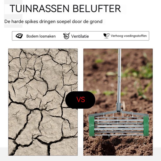 Gazonbeluchter - Prikrol - Grasbeluchter - Handverticuteerder - Verstelbare steel - Verzinkt - Stalen pinnen - Handmatig - Tuin - 139x43,5x15cm - 1 stuk - Groen-Zilver — afbeelding 4