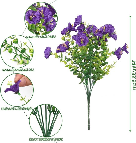 10 Bundels UV-bestendige Kunstbloemen - Prachtige Kunstmatige Morning Glory Bossen voor Tuin, Balkon en Bruiloft Decoratie (Paars) — afbeelding 3